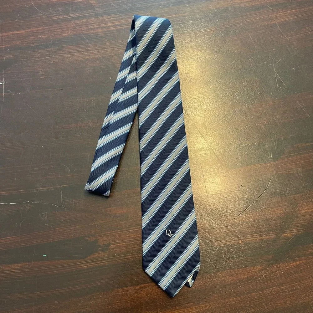 Christian Dior Mens Navy Blue Grey Striped Silk Blend Herringbone Necktie Logo